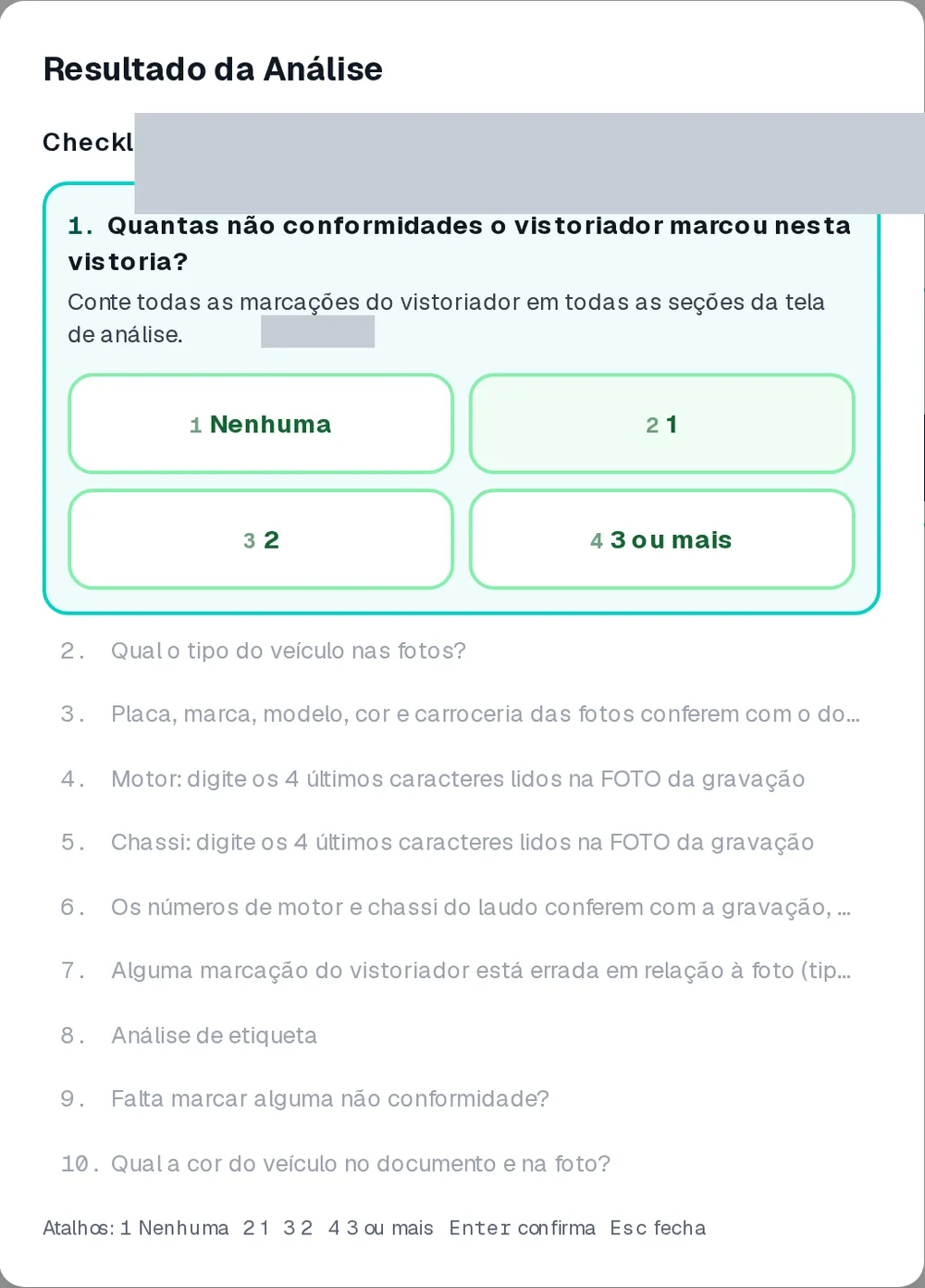 Tela de análise ECV com checklist de conferência